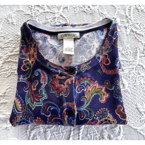 Orvis Purple Multicolor Paisley Cardigan 100% Cotton RN# 70534 Ladies Large - Picture 10 of 10